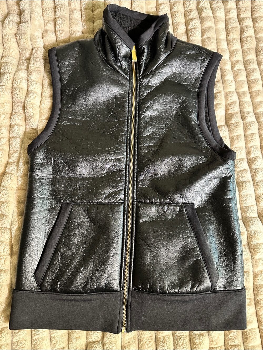 Alala Black vegan Faux-Leather Puffer Vest with sherpa lining & Gold Zipper